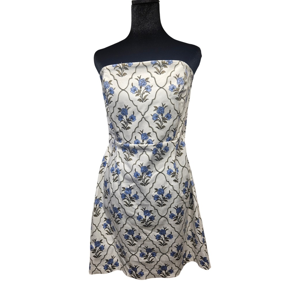 Sam and Jess Women Blue Floral Lattice Strapless Smocked Mini Dress Large NEW